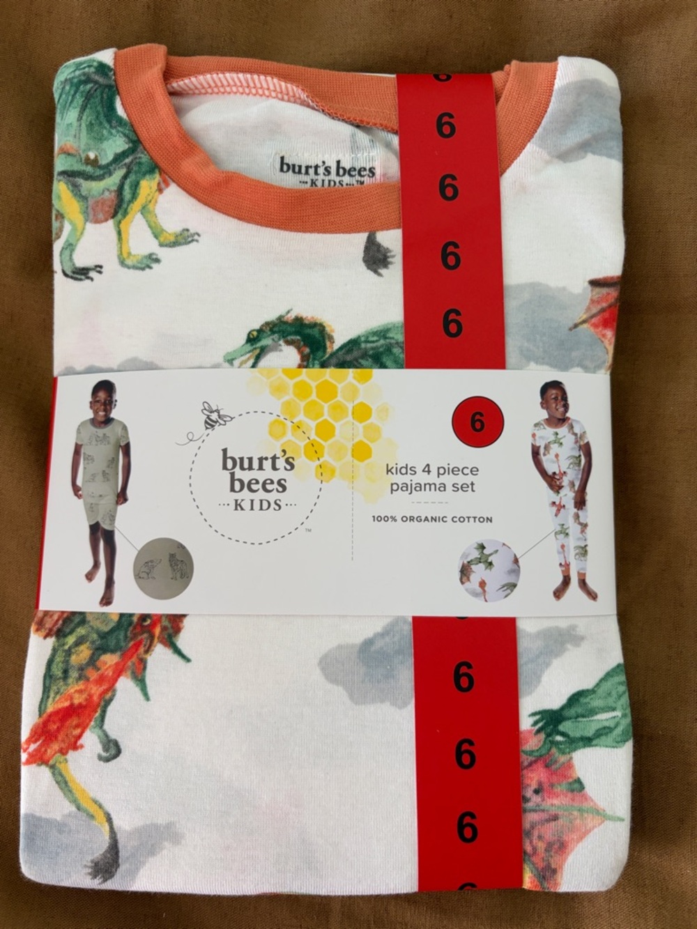 Burt's Bees Kids Dragon Print Pajama Set - White with Orange Trim